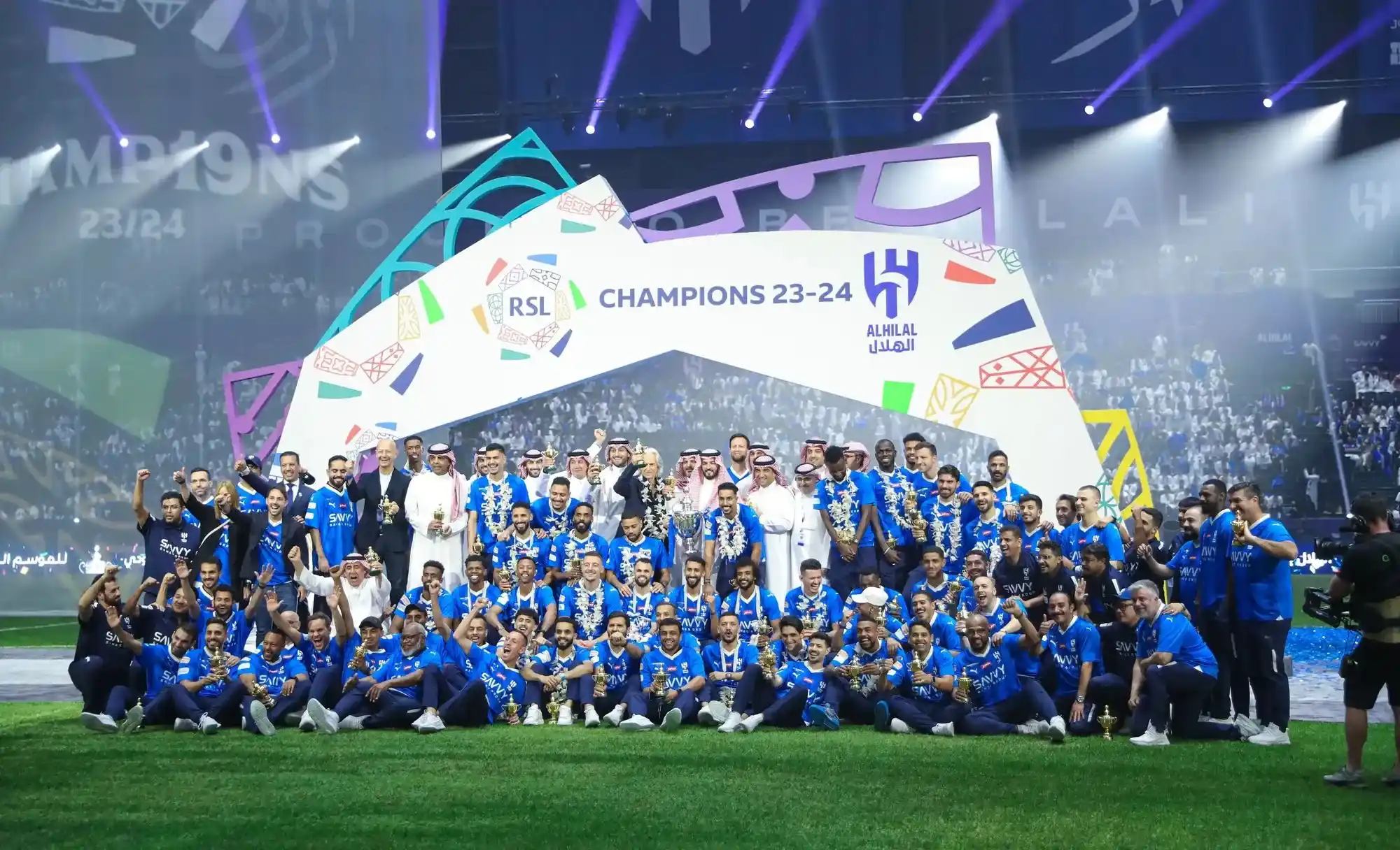 Champions Al Hilal display their trophy at the Kingdom Arena.