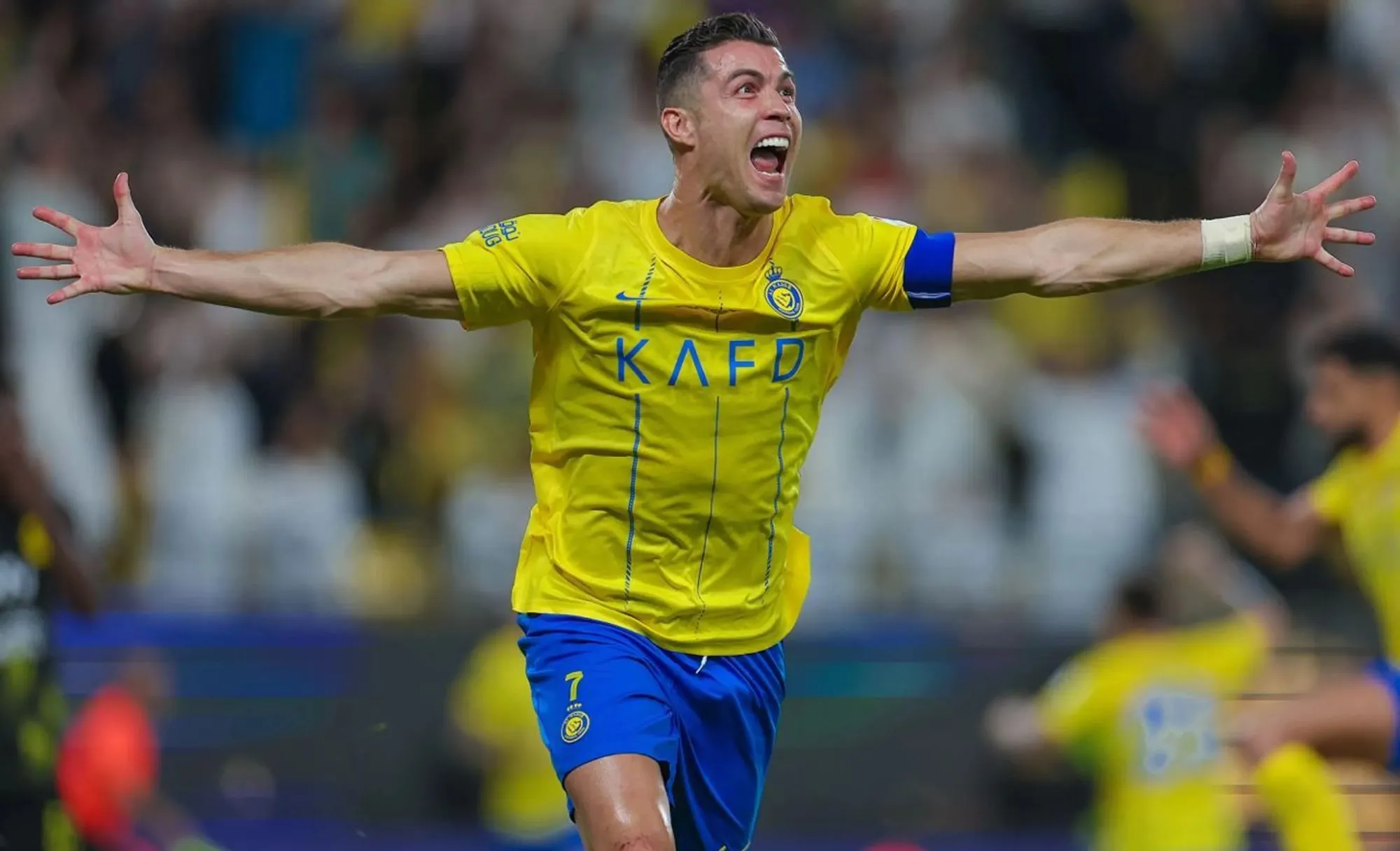 Ronaldo celebrates breaking the Saudi Pro League scoring record in a single season.