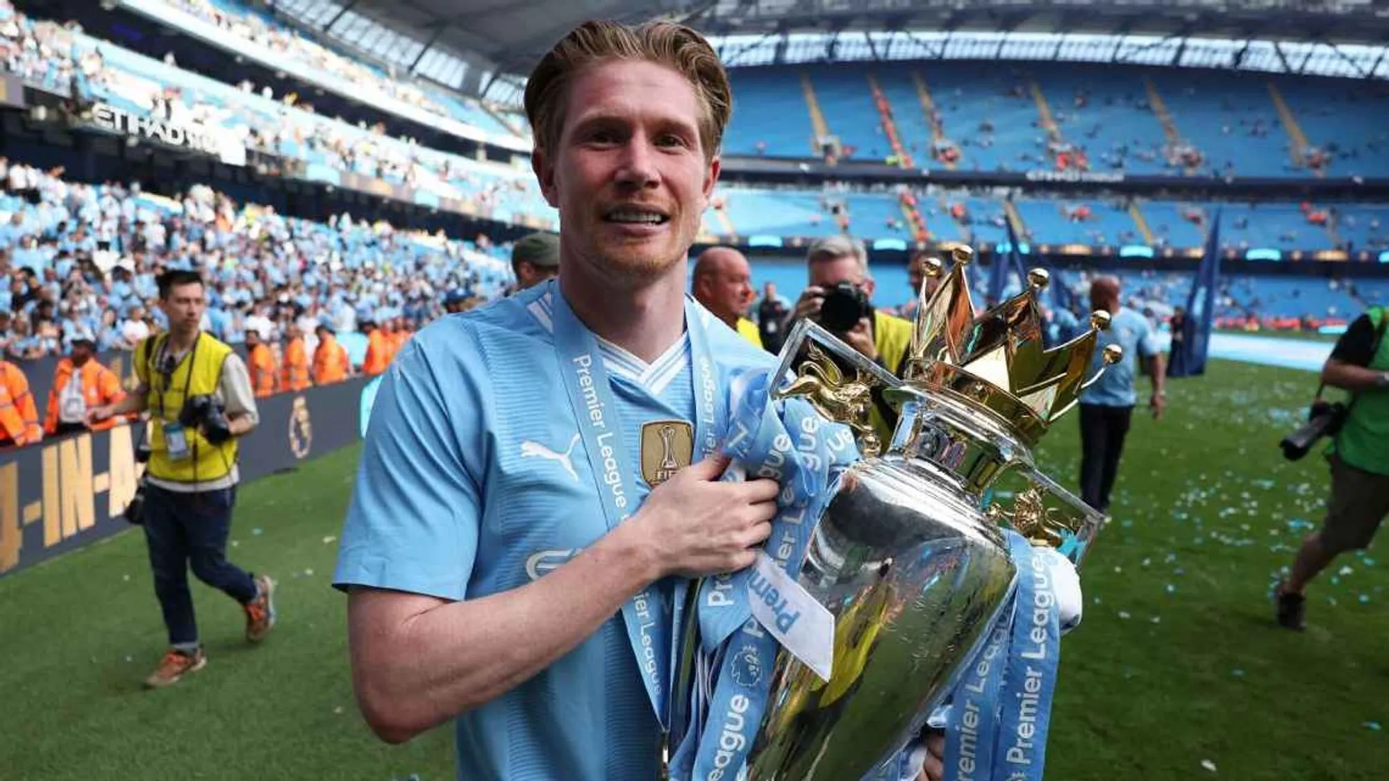 Kevin De Bruyne Lifts The 2023-24 English Premier League Trophy After Winning it For the Fourth Time in A Row