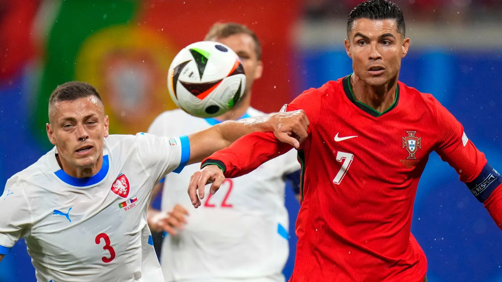 Cristiano Ronaldo and Tomas Holes Contest for the ball in Their Euro 2024 Group Stage Match.