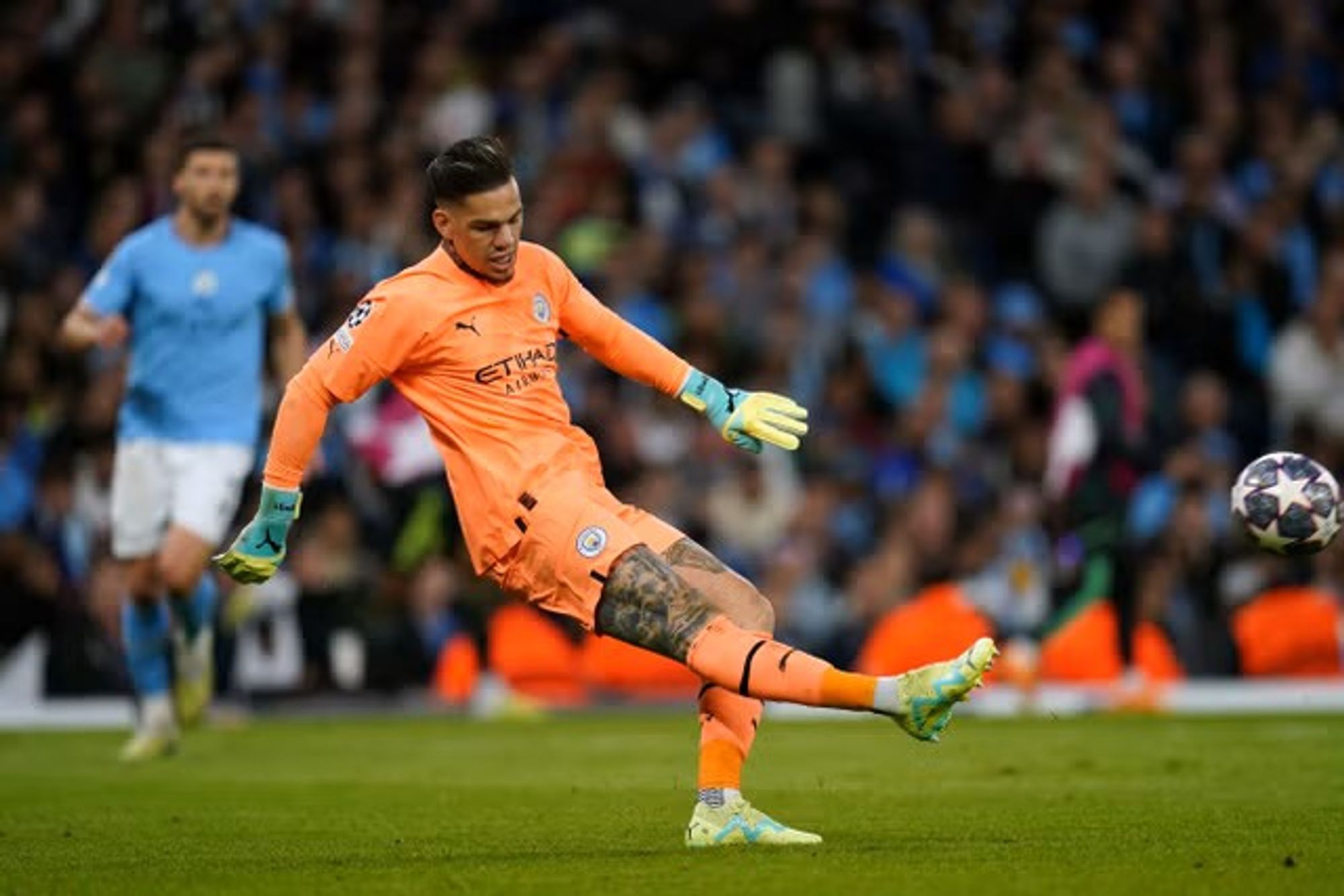 Ederson Clears the Ball in a Past Match for Manchester City