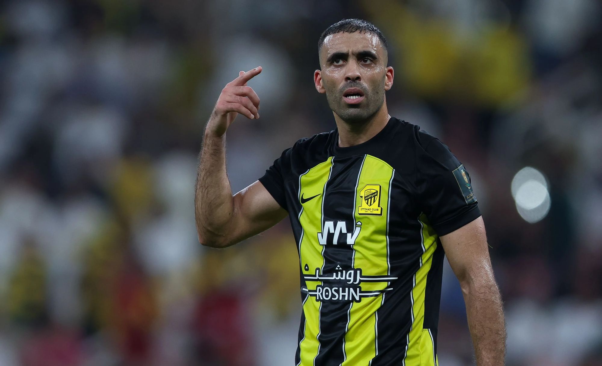 Abderrazak Hamdallah Gestures With His Finger in A Past Match For Al Ittihad.