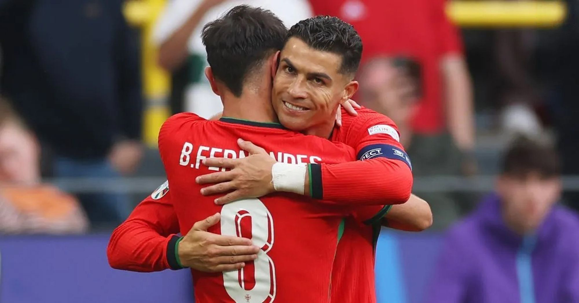 Cristiano Hugs Bruno Fernandes After Feeding Him the Ball to Score Against Turkey.