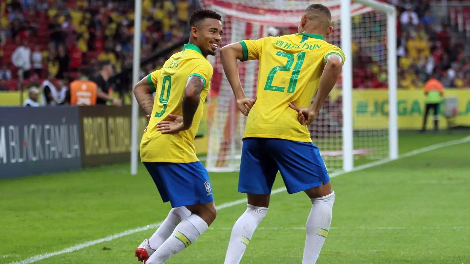 Gabriel Jesus and Richarlison Celebrate a Goal During International Duty for Brazill