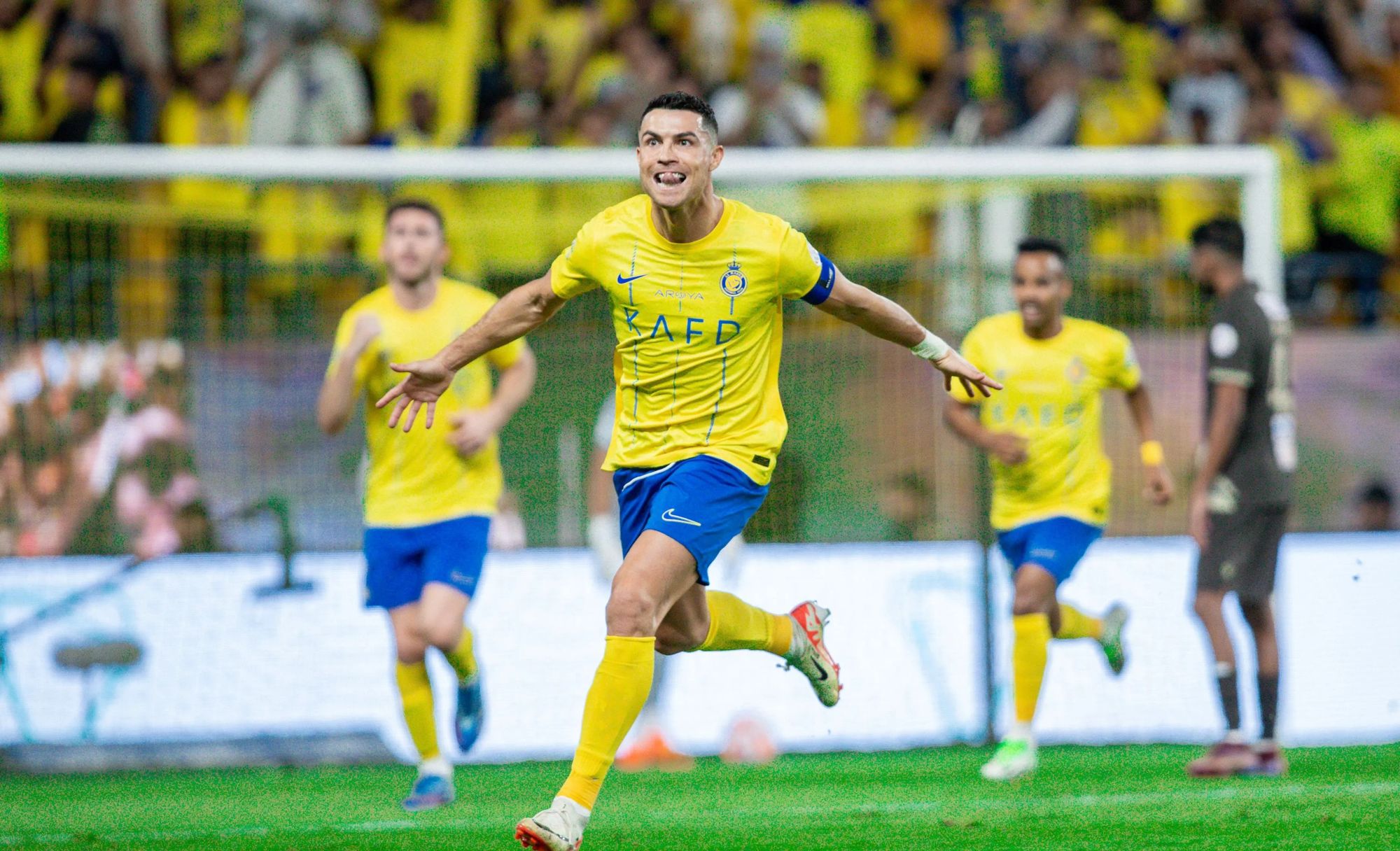 Cristiano Ronaldo Celebrates A Goal With His Al-Nassr Teammates in The 2023-24 Season When He Broke The Record For Most Goal Scored in A Season.