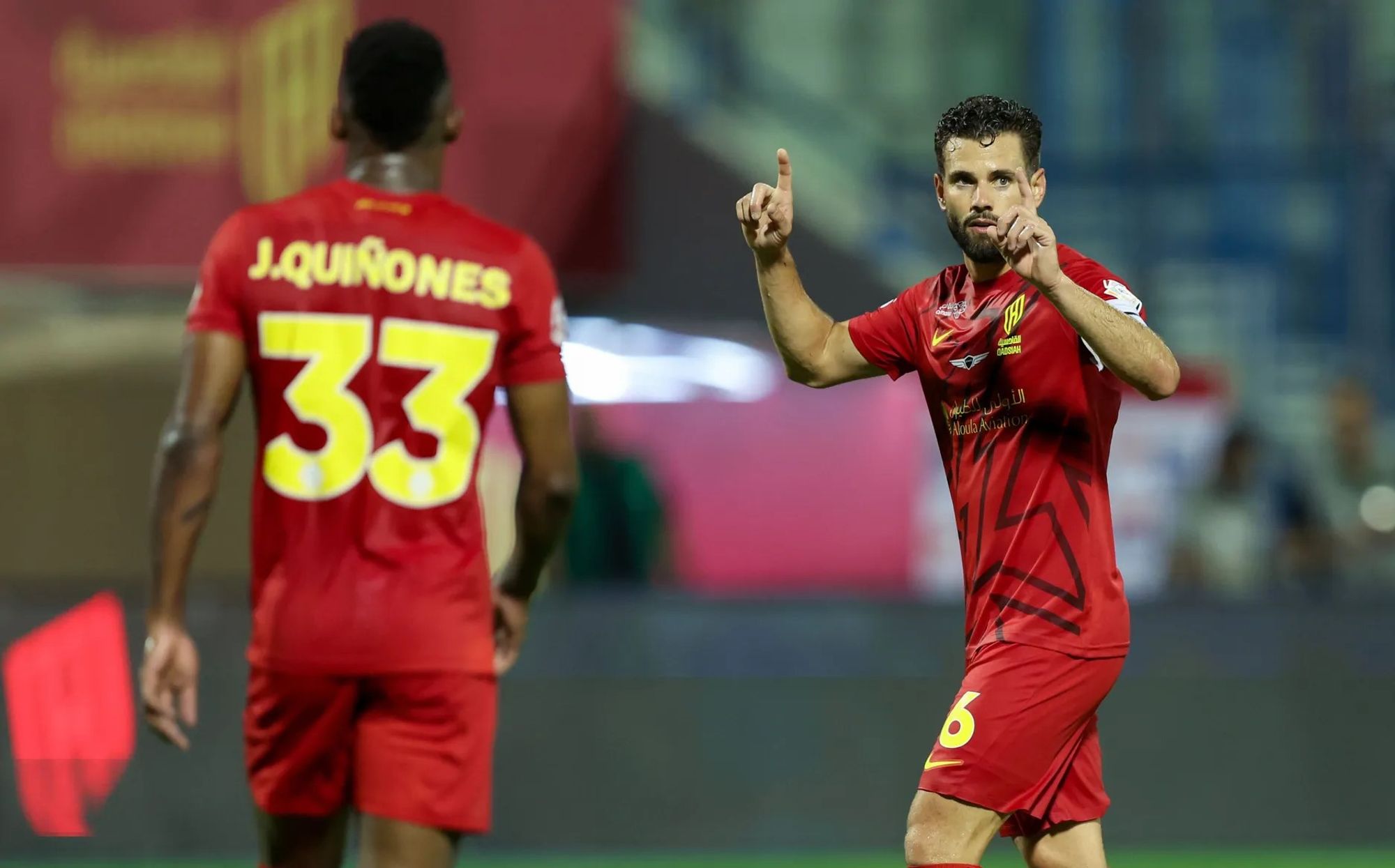 Al Qadsiah captain Nacho with striker Julian Quinones celebrate a Goal in their Match Against Al Fateh.