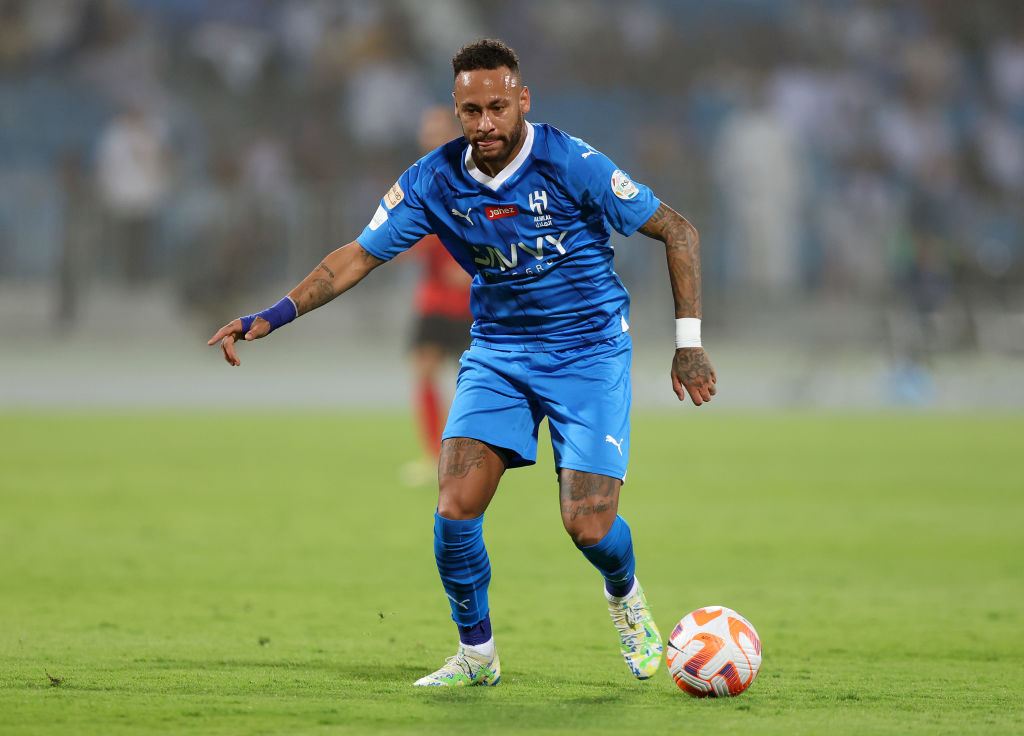 Neymar Jr of Al Hilal on the ball during the match between Al-Hilal and Riyadh at Prince Faisal Bin Fahad on September 15, 2023 in Riyadh, Saudi Arabia.