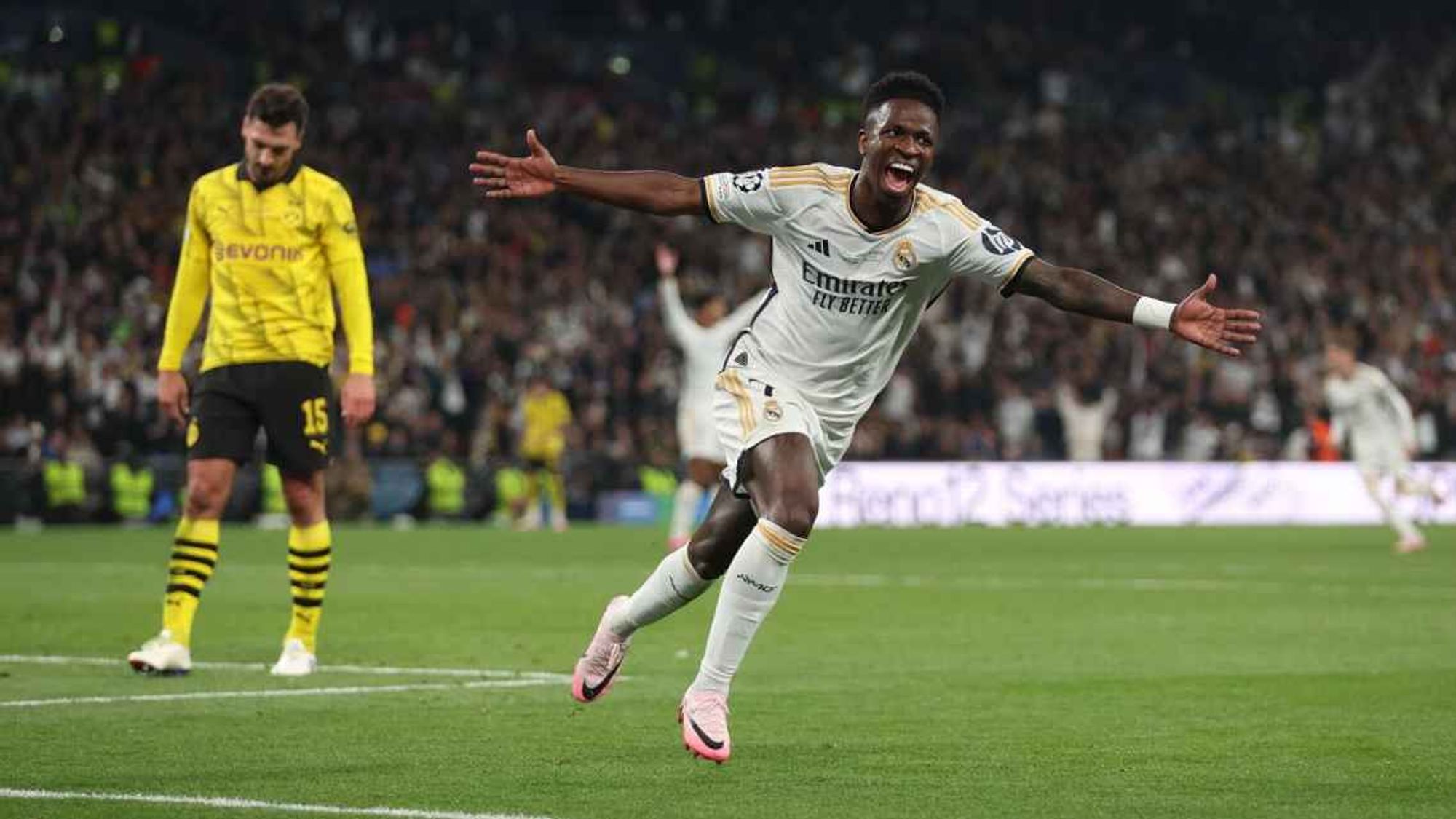 Vinicius Jr Celebrates His Goal in the 2023-24 UEFA Champions League Match Against Borussia Dortmund.