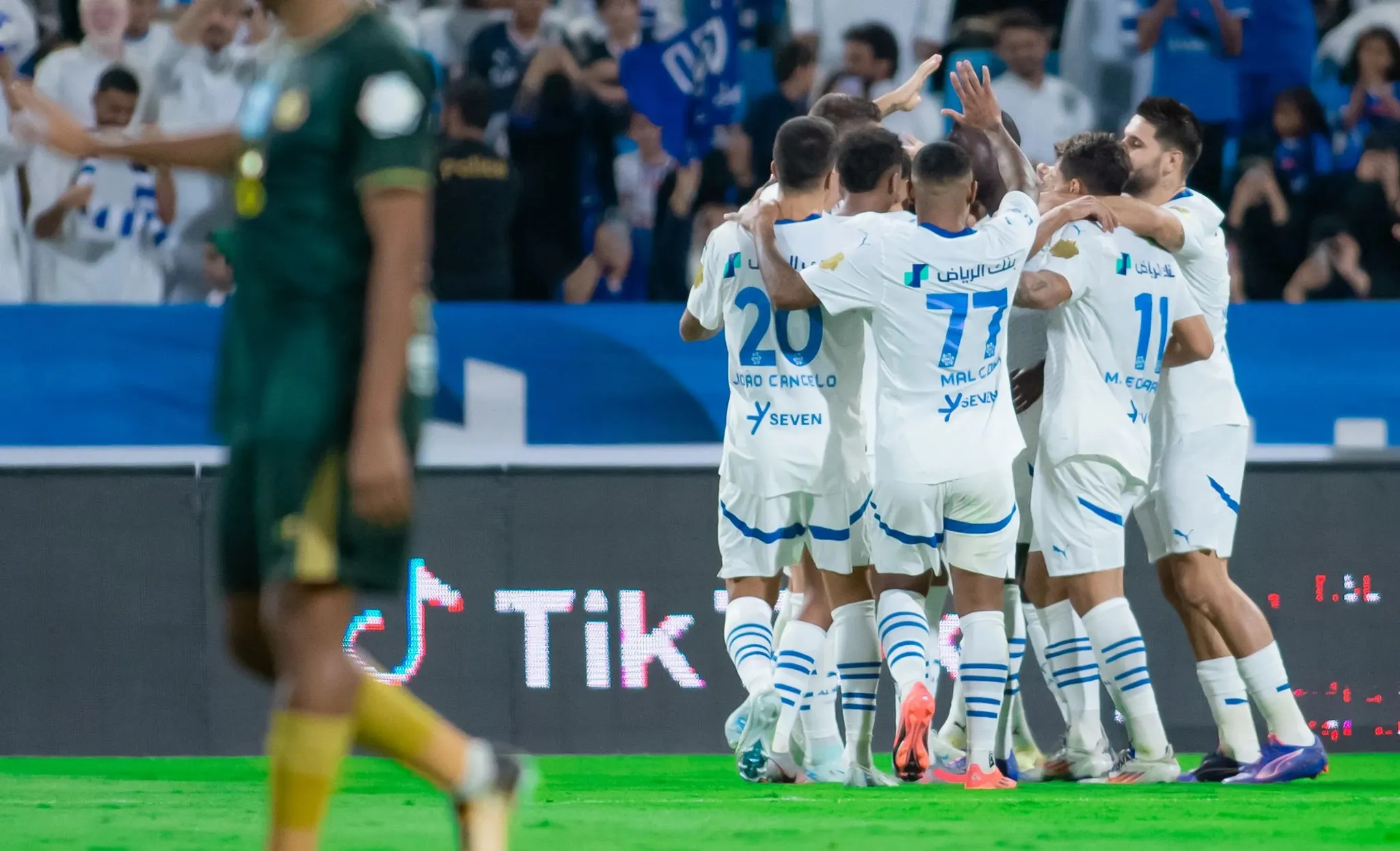 Al Hilal players celebrate a goal as they defeated Al Kholood to continue their perfect start to the 2024-25 Saudi Pro League season