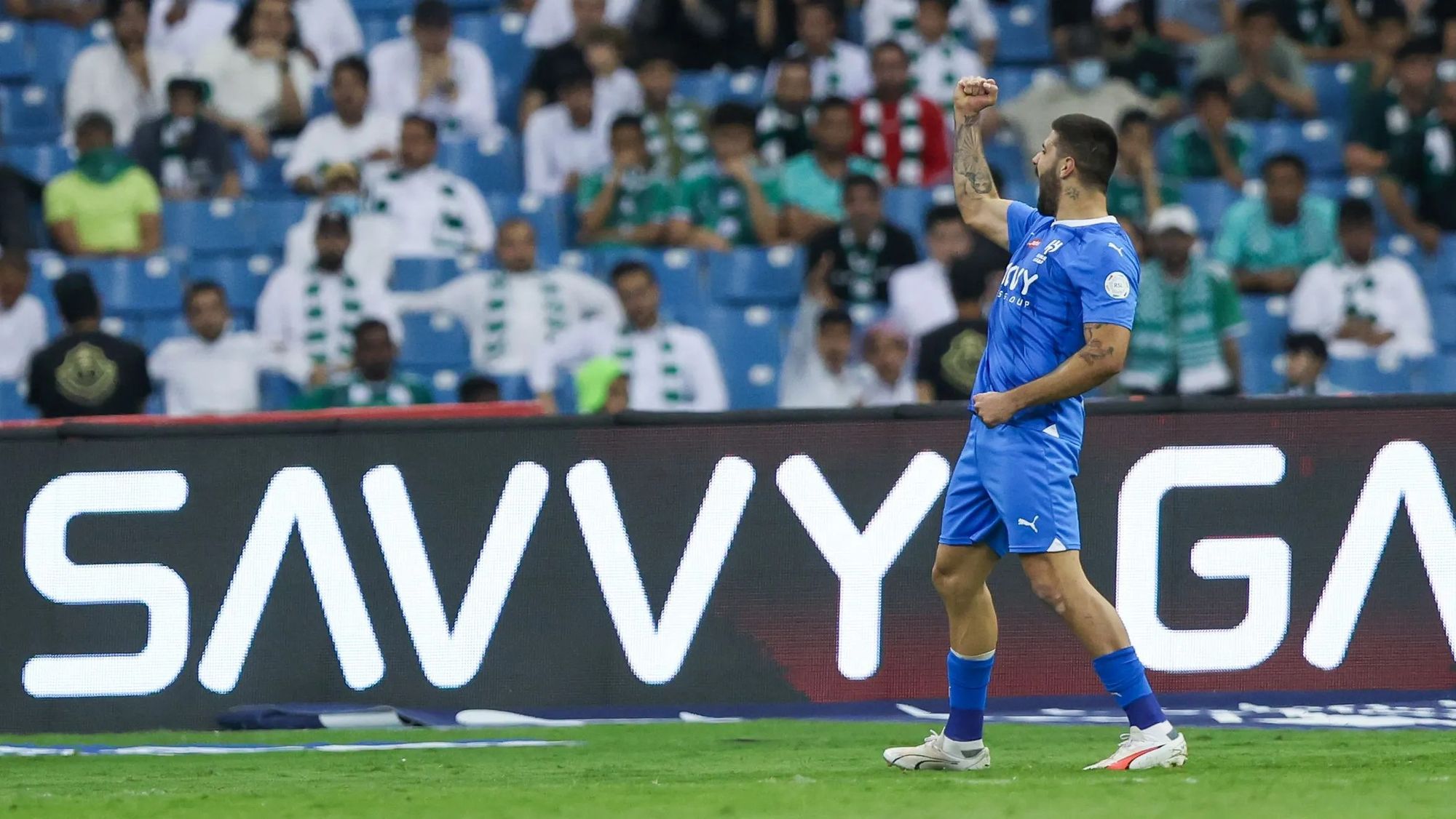 Aleksandar Mitrovic celebrates giving Al Hilal the lead; the striker and his side have already set the pace in the Saudi Pro League this season.