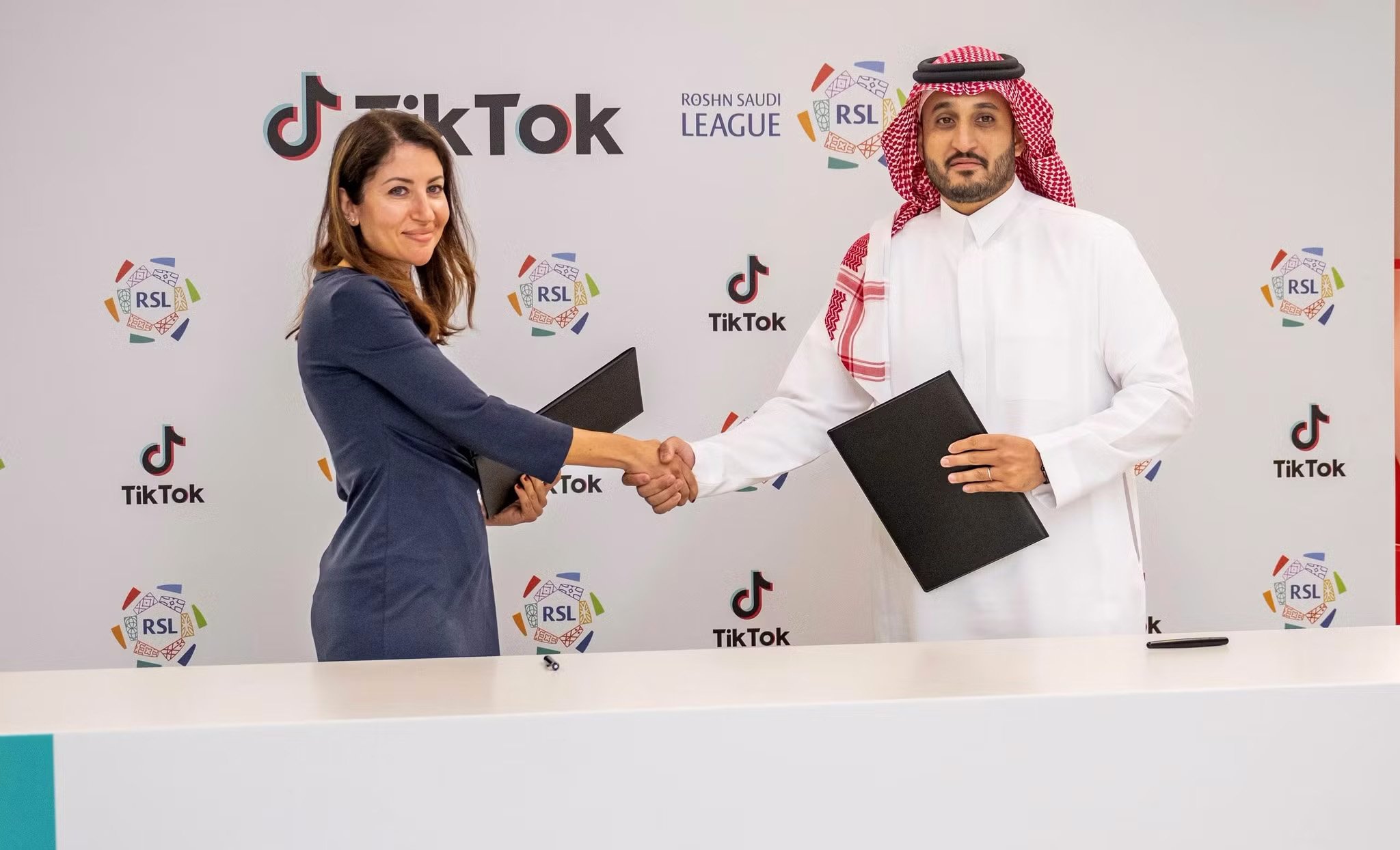 Saudi Pro League’s CEO Omar Mugharbel with TikTok Middle East GM Kinda Ibrahim during the partnership launch.