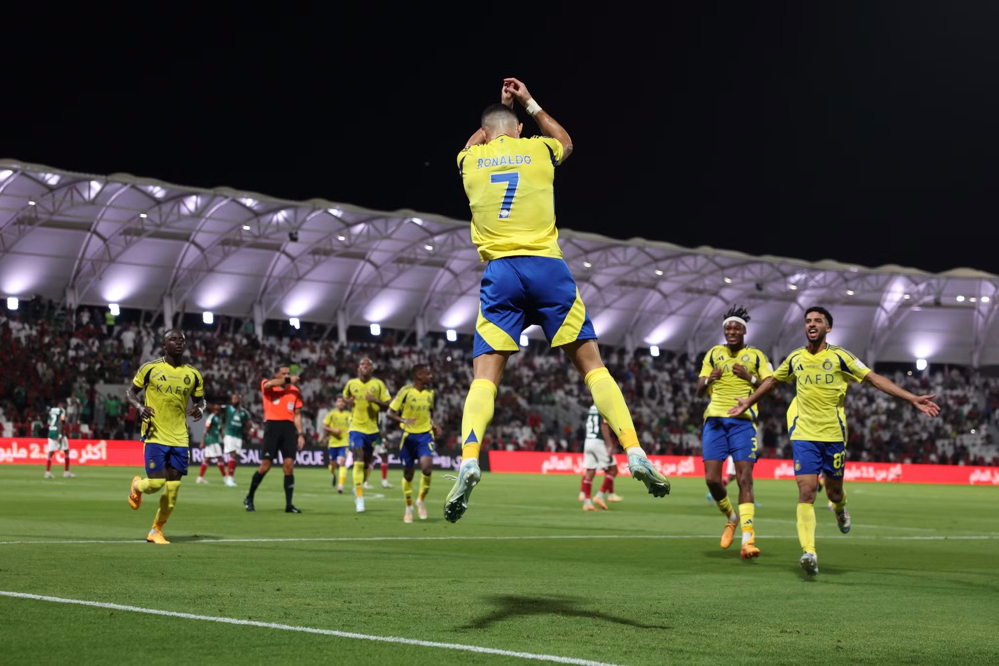 Cristiano Ronaldo does the Siuuu celebration after opening the scoring for Al Nassr against Al Ettifaq