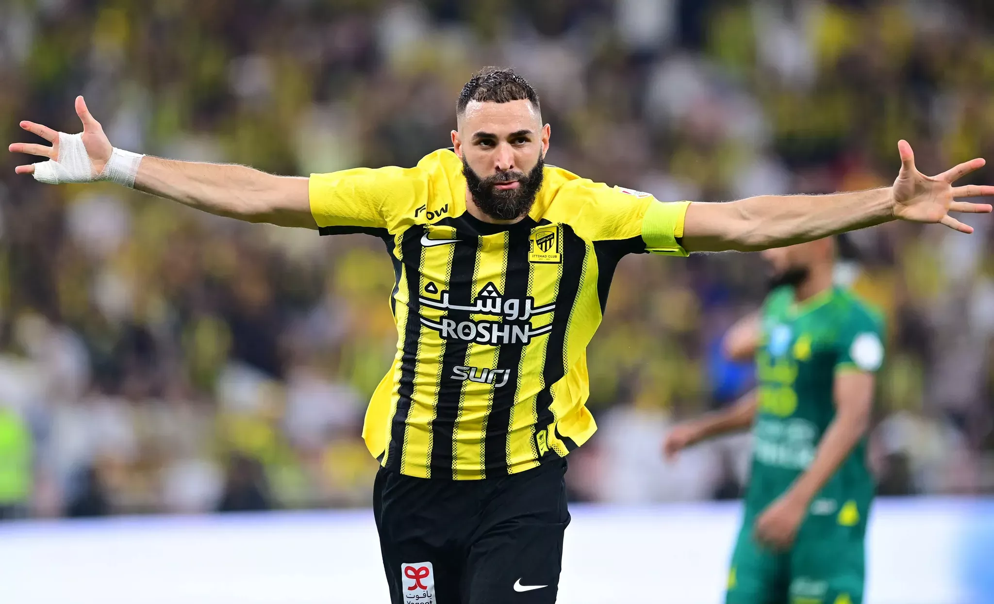 One-time Ballon d'Or winner Karim Benzema celebrates scoring for Al Ittihad against Al Khaleej