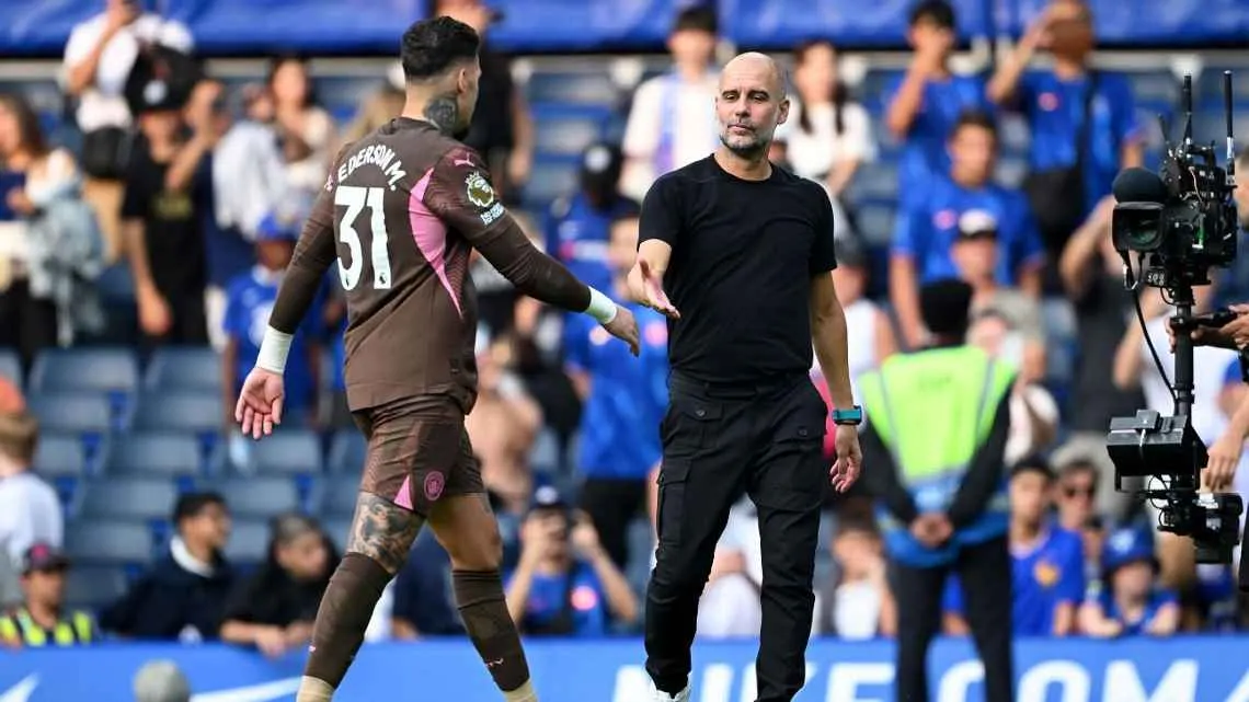 Pep Guardiola and Ederson after a match. The goalkeeper almost joined Al Nassr, but valuation differences saw Bento signed instead.