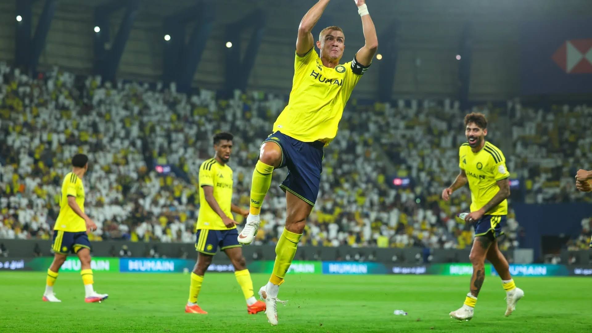 Cristiano Ronaldo celebrates scoring for Al Nassr against Al Taawoun at Al Awwal Park on 28 August 2026, his 978th career goal